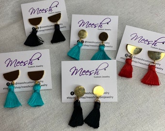 18k gold plated round or half-round tassel dangle earring in teal, white, black or red
