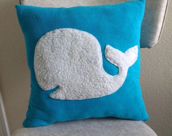 Whale pillow, blue terrycloth and white sherpa, 15x15 inch, kids bedroom, recycled filling, eco-friendly, free shipping