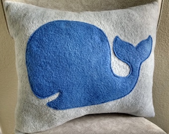 Whale fleece pillow, blue and gray fleece, 15x13 inch, kids bedroom, recycled filling, eco-friendly, free shipping