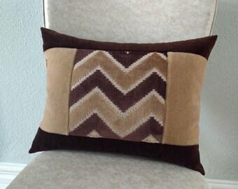 Brown Velvet Zigzag lumbar pillow, 13 x 17 inch, tan, dark brown, recycled filling, eco-friendly