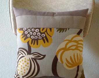 Pale Blue and Gray Pillow with Abstract Flowers in Yellow and White, 14 inch square, recycled filling, eco-friendly