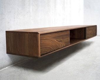 Solid Black Walnut/ White Oak Floating Media Console Cabinet, Entryway Table with Three Compartments