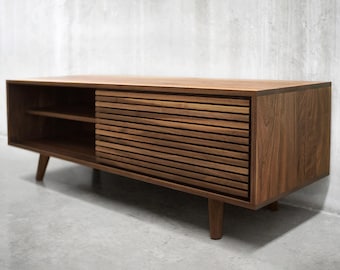Solid Black Walnut Media Credenza: Slatted Door TV Stand, Handmade in Canada
