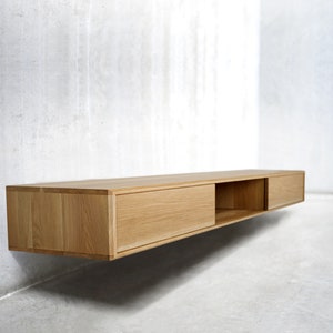 Solid Black Walnut/ White Oak Floating Media Console Cabinet, Entryway Table with Three Compartments image 4