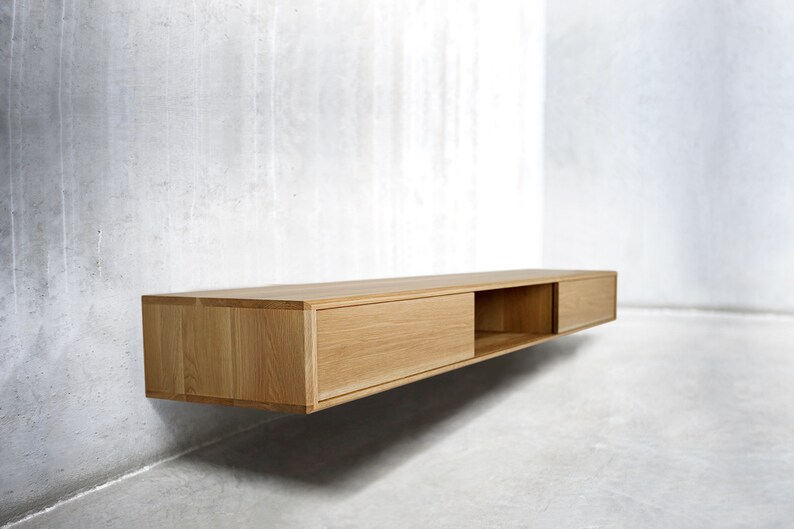 Solid Black Walnut/ White Oak Floating Media Console Cabinet, Entryway Table with Three Compartments image 4