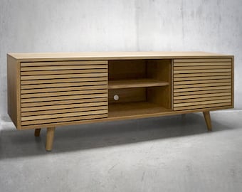 60" Solid White Oak Media Credenza/ TV Stand/ Console/ Cabinet with Slatted Doors *