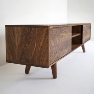 Solid Black Walnut Media Console/ TV Stand/ Credenza/ Cabinet with Beveled Edge and a Center Shelf