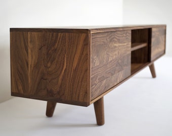 Solid Black Walnut Media Console/ TV Stand/ Credenza/ Cabinet with Beveled Edge and a Center Shelf