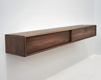 Solid Black Walnut Floating Media Console Cabinet, Entryway Table with Two Compartments