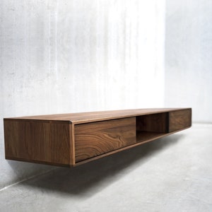 Solid Black Walnut/ White Oak Floating Media Console Cabinet, Entryway Table with Three Compartments image 3