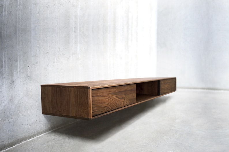 Solid Black Walnut/ White Oak Floating Media Console Cabinet, Entryway Table with Three Compartments image 3