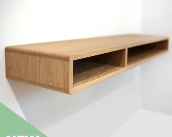 Solid White Oak Floating Console, Makeup Vanity, Entryway Table with Two Open Compartments