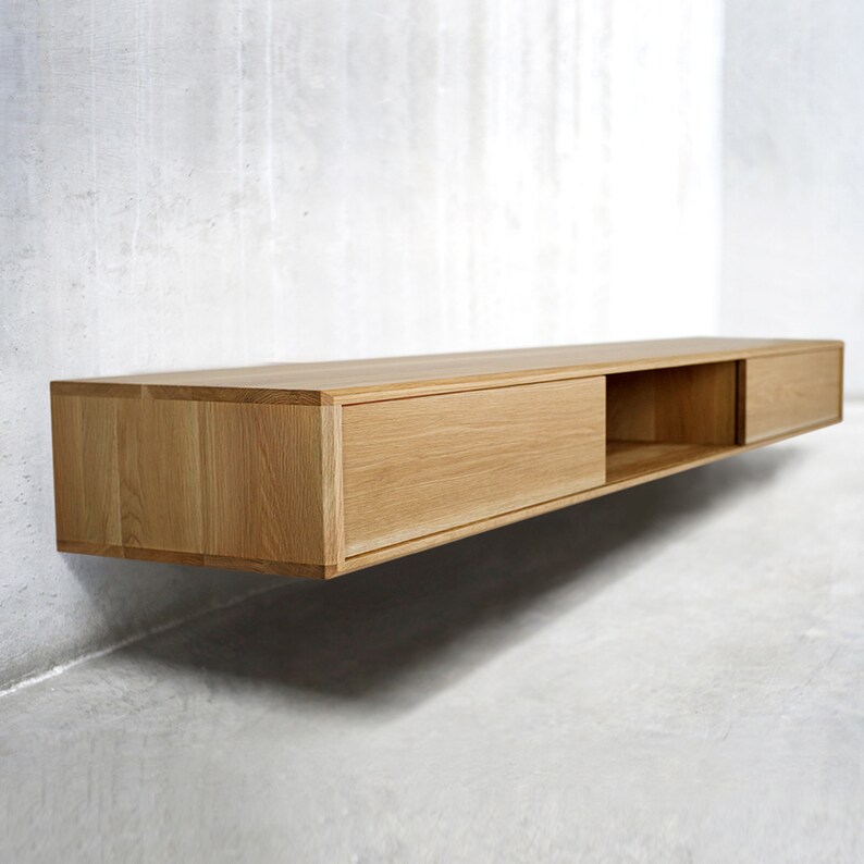 Solid Black Walnut/ White Oak Floating Media Console Cabinet, Entryway Table with Three Compartments White Oak