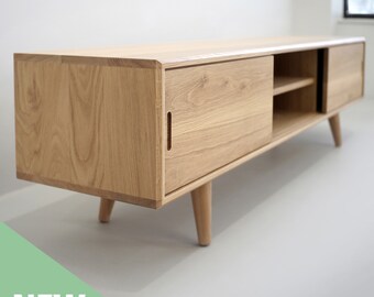 Solid White Oak Media Console/ TV Stand/ Credenza/ Cabinet with Beveled Edge and a Center Shelf