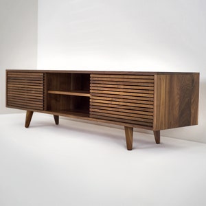 72" Solid Black Walnut Media Credenza/ TV Stand/ Console/ Cabinet with Slatted Doors