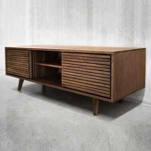 60&quot; Solid Black Walnut Media Credenza/ TV Stand/ Console/ Cabinet with Slatted Doors