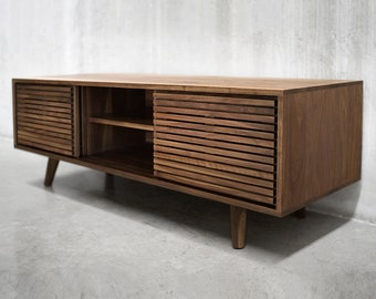 60" Solid Black Walnut Media Credenza/ TV Stand/ Console/ Cabinet with Slatted Doors