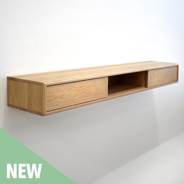 Solid White Oak Floating Media Console, Wall-Mounted TV Cabinet with Three Compartments