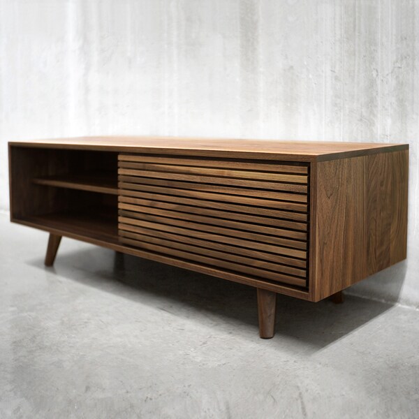 60" Solid Black Walnut Media Credenza/ TV Stand/ Console/ Cabinet with Two Slatted Doors