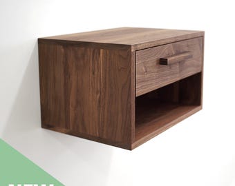 Solid Black Walnut Floating Bedside Table / Nightstand with Upper Drawer and Open Cubby