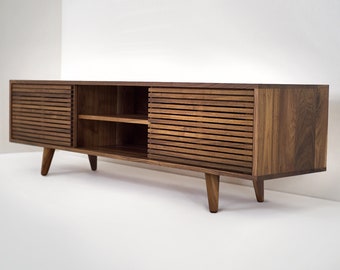 72" Solid Black Walnut Media Credenza/ TV Stand/ Console/ Cabinet with Slatted Doors