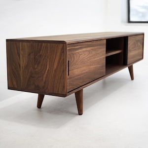 Solid Black Walnut Media Console/ TV Stand/ Credenza/ Cabinet with Beveled Edges and a Center Shelf