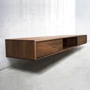 Solid Black Walnut/ White Oak Floating Media Console Cabinet, Entryway Table with Three Compartments