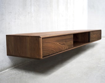 Solid Black Walnut/ White Oak Floating Media Console Cabinet, Entryway Table with Three Compartments