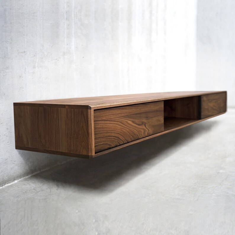 Solid Black Walnut/ White Oak Floating Media Console Cabinet, Entryway Table with Three Compartments Black Walnut