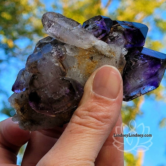Raw Elestial Super 7 Skeletal Zimbabwe Amethyst Smokey Quartz Cacoxenite Lepidocrocite Rutile in Phantom Quartz Crystal. Actual Specimen