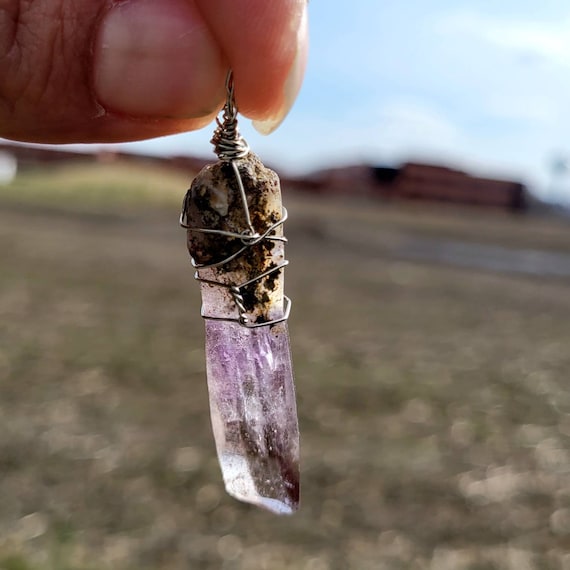 Super 7 Wire Wrapped Crystal Zimbabwe Amethyst Cacoxenite Lepidocrocite Goethite Smoky Quartz Quartz Crystal Actual Mineral Specimen Pendant