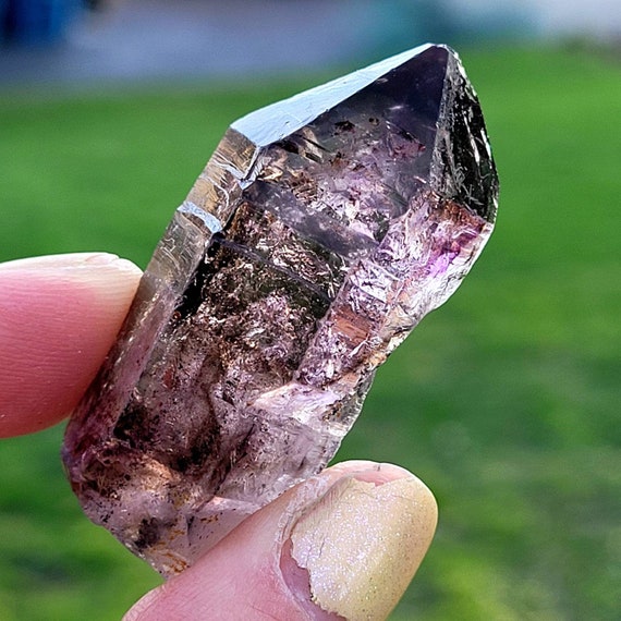 Skeletal Super 7 Crystal Zimbabwe Amethyst, Smoky Quartz, Cacoxenite, Lepidocrocite, Goethite, Clear Quartz, Rutile. Multi Double Terminated