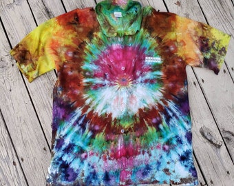 Handmade Tie Dye Button Down Rayon  Short Sleeve Shirt Medium Tie Dye