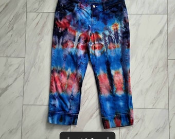 Handmade Tie Dye Jeans Red White and Blue Tie Dye Pants Ankle Length Size 10 One of a Kind Sale