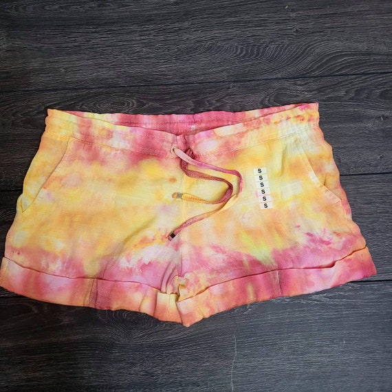 Handmade Tie Dye Shorts Pink Yellow Shimmer Shorts with Pockets One of a Kind