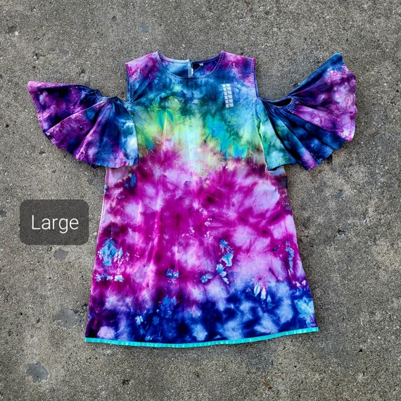 Handmade Tie Dye Dress Tunic Large Cold Shoulder