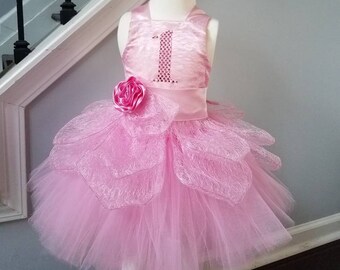 Pink Flower Girl Tutu Dress, Handmade 1st Birthday Outfit