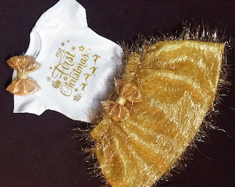 Baby Girl First Christmas Outfit: Bodysuit & Gold Tinsel Skirt