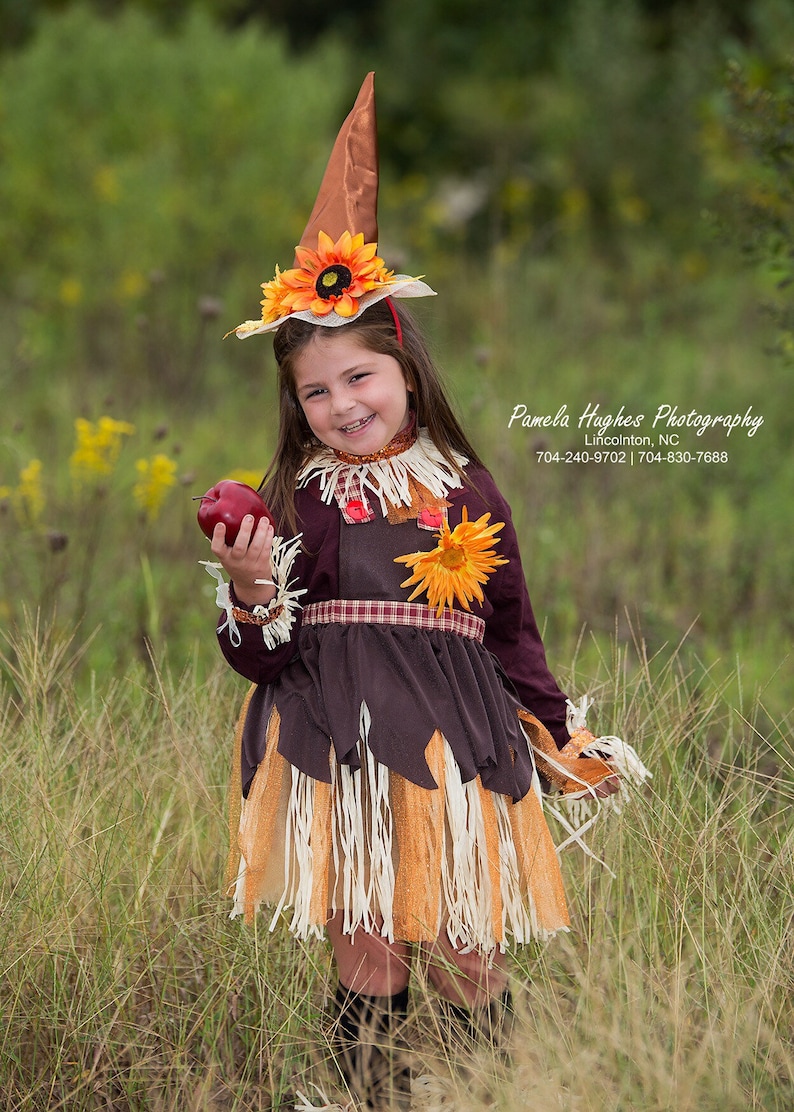 May include: A child in a handmade scarecrow costume, holding a red apple. The costume includes a brown hat with a sunflower, a burgundy top, and a brown and orange skirt with fringe. The outfit is set in a grassy field.
