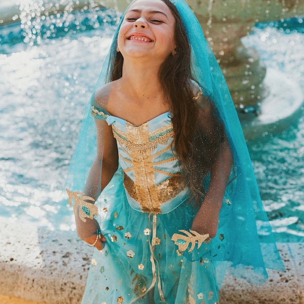 Robe jasmin pour fille, tenue jasmin, déguisement jasmin, jasmin Disney, princesse aigue-marine, jasmin 2019 du film 2019 déguisement jasmin Disney