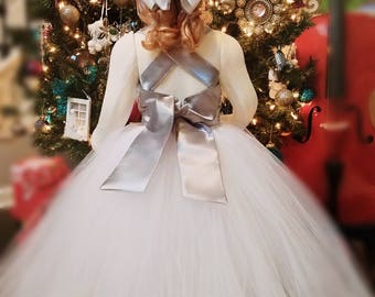 Christmas Silver Sequin Girls Dress with Tutu and Bow