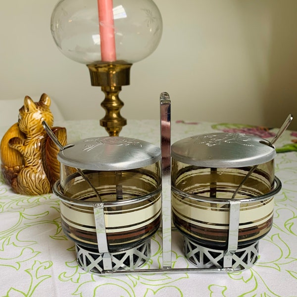 Vintage striped Roses LIBBEY MCM Preserve Condiments Metal Lid Glass Jar Chrome Caddy Serving Duo