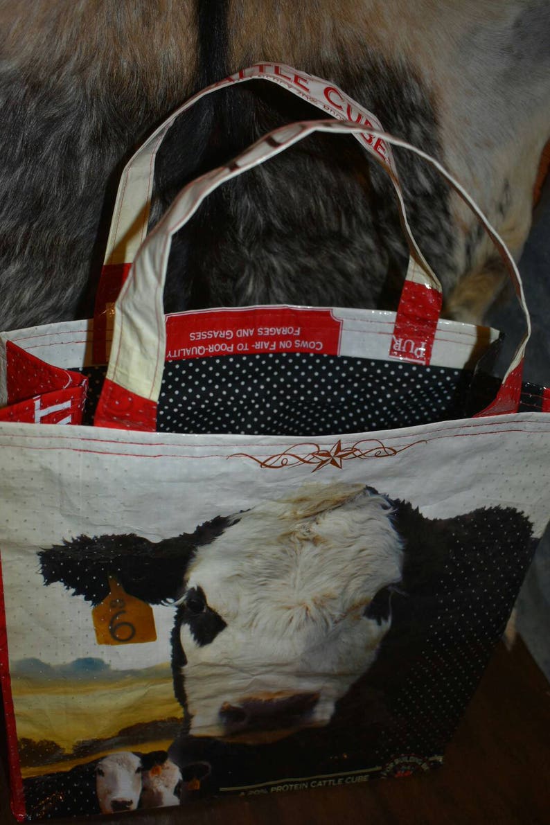 Recycled country ranch purina cattle feed sack wbald face cow with blk polka dot  liner totebagpurseshopping bagstock showffa