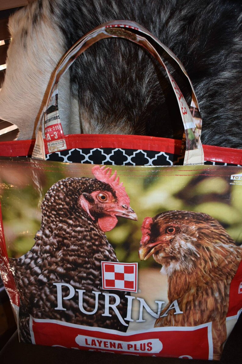 Recycled feed sack tote wchickens with black fabric liner bagpursereusable shoppingstock showspringffa