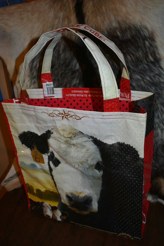Recycled country ranch purina cattle feed sack wbald face cow with blk polka dot  liner totebagpurseshopping bagstock showffa