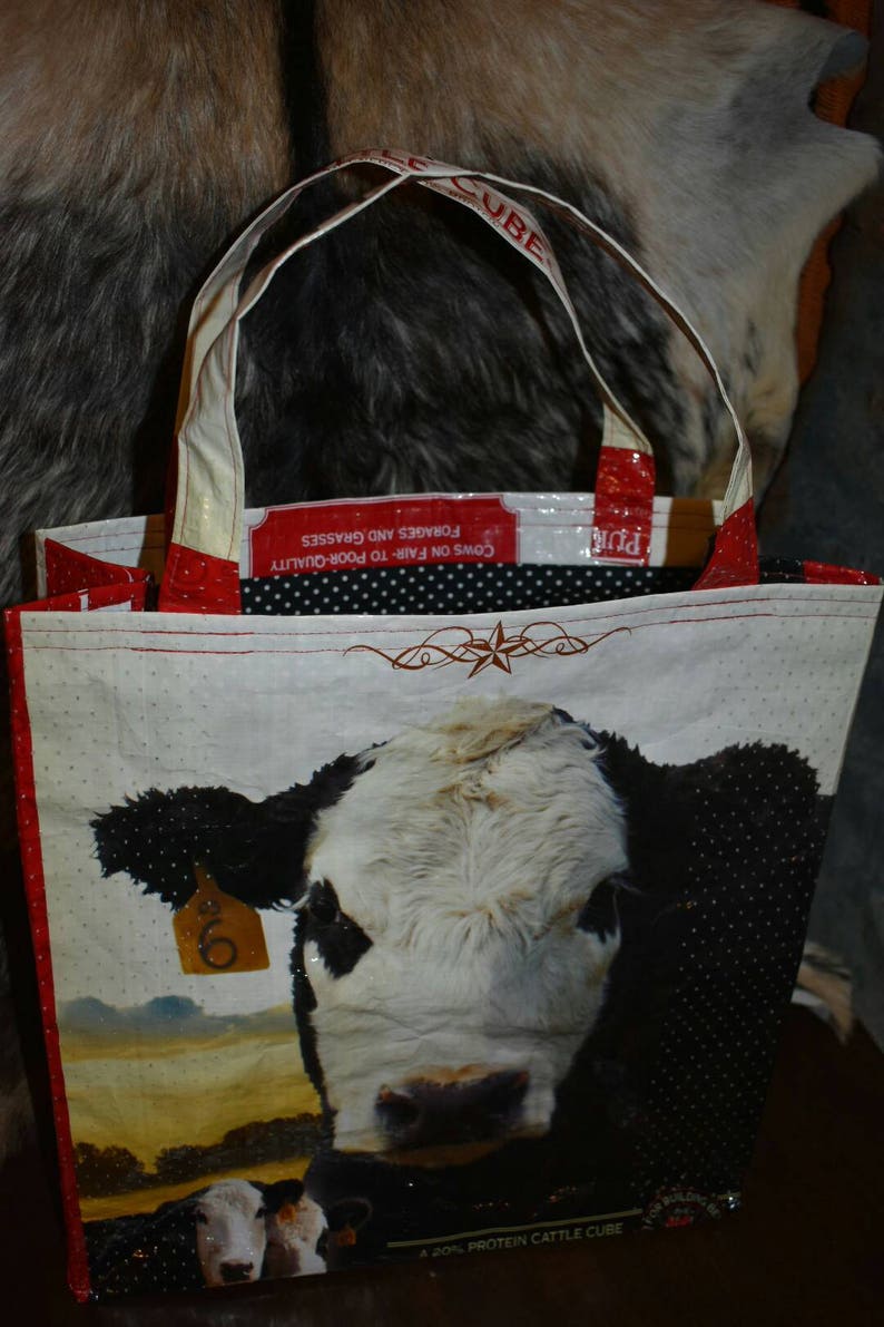 Recycled country ranch purina cattle feed sack wbald face cow with blk polka dot liner totebagpurseshopping bagstock showffa