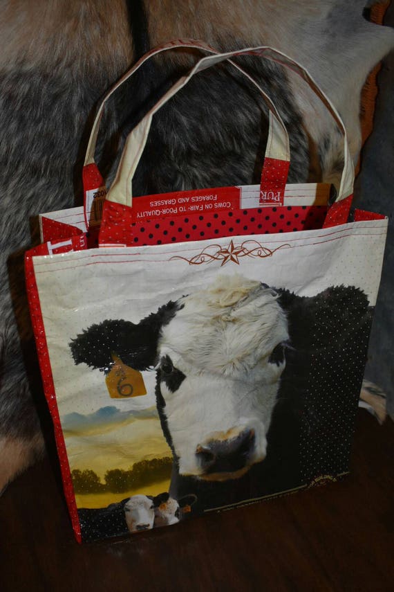 Recycled country ranch purina cattle feed sack wbald face cow with blk polka dot liner totebagpurseshopping bagstock showffa