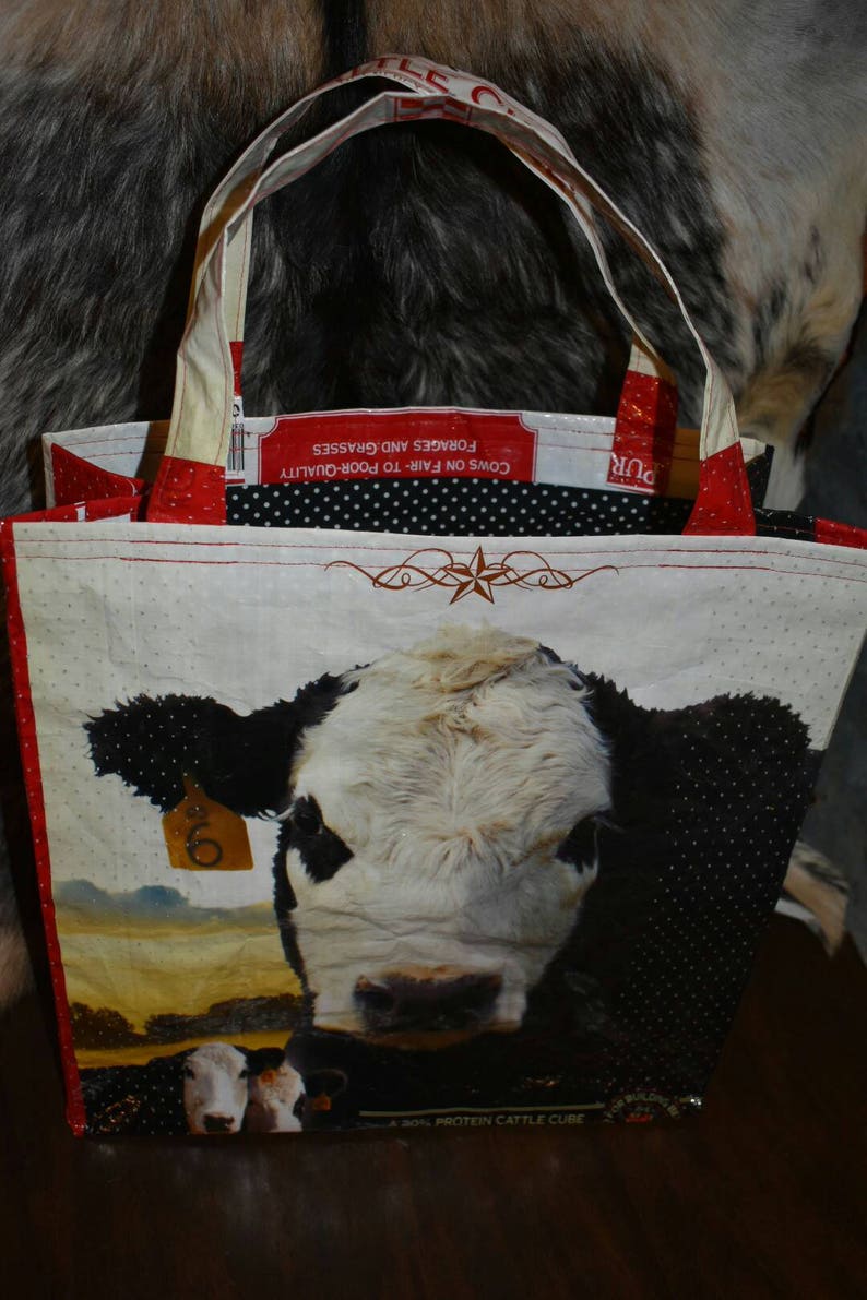 Recycled country ranch purina cattle feed sack wbald face cow with blk polka dot liner totebagpurseshopping bagstock showffa