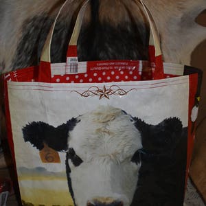 Recycled country ranch purina cattle feed sack wbald face cow with blk polka dot liner totebagpurseshopping bagstock showffa