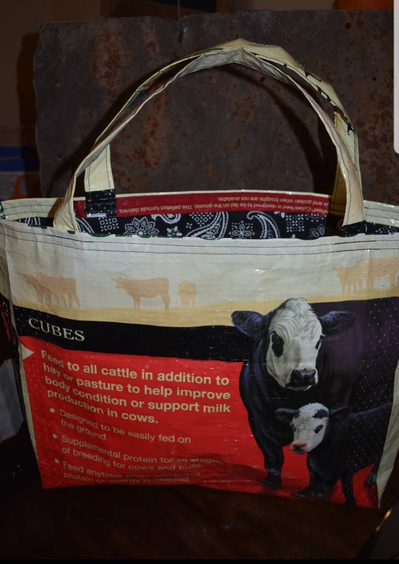 Recycled feed sack beef wbald face cowcattle with black paisley liner totebagpurseshopping bag